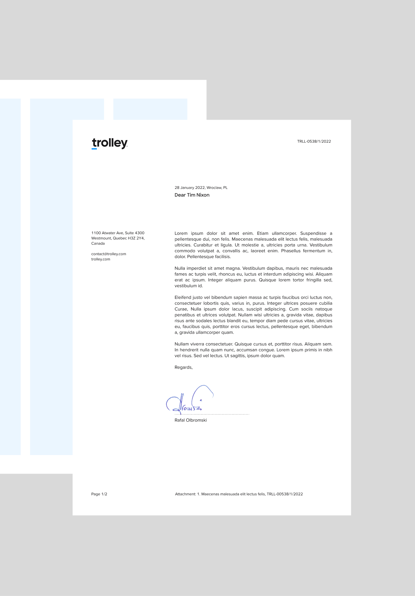 A letter from the company Trolley.